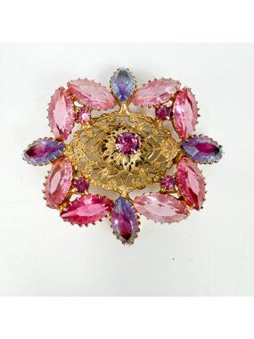 Vintage Pink Mulberry Navette Prong Set Gold Tone Filigree Brooch